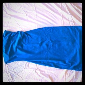 Blue strapless calf-length dress